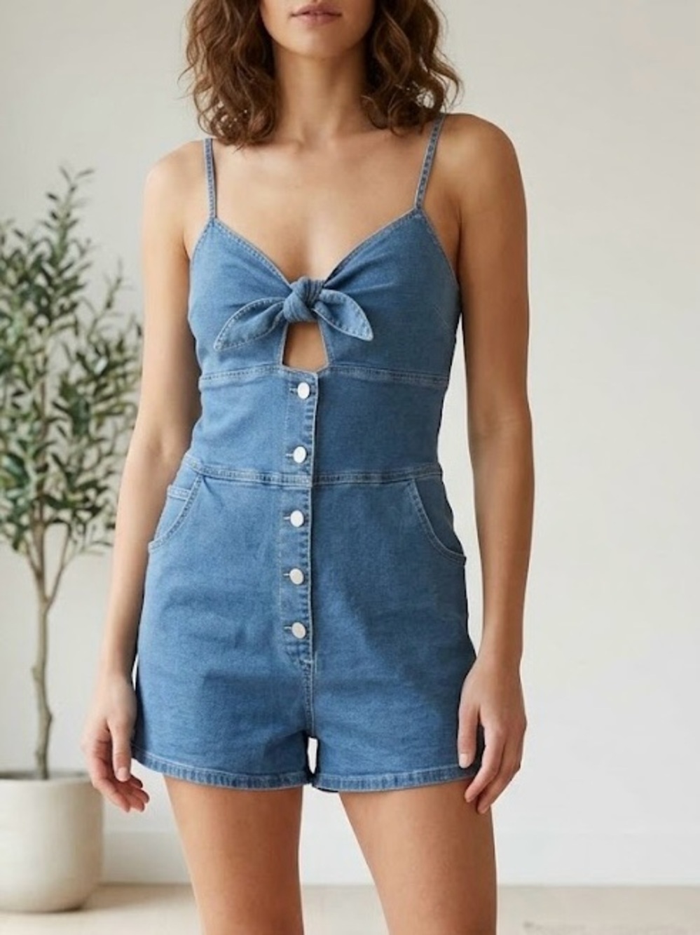 Denim Tie Front Cutout Romper Boho Cottagecore Festival Summer Resortwear